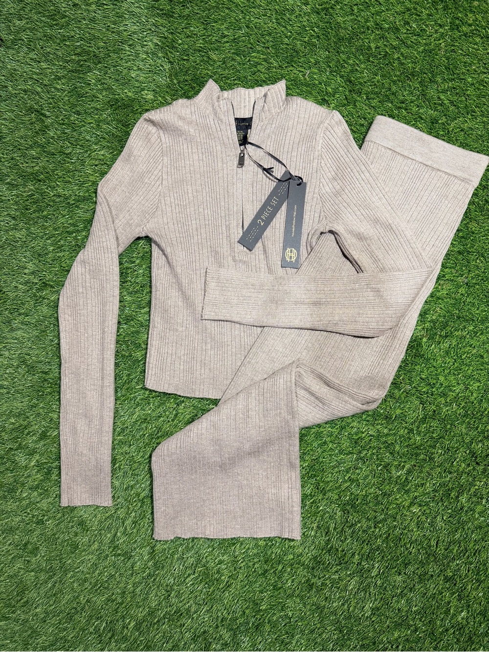 House of Harlow 1960 2 Piece Ribbed Knit Zip Top & Skirt Set - Taupe